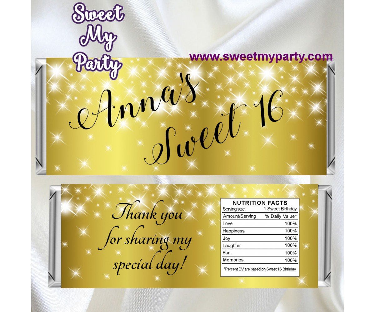 Gold Sparkle Sweet 16 candy bar wrappers,Gold Sparkle Quinceanera candy bar wrappers,Sweet sixteen candy bar wrappers,(12swee)